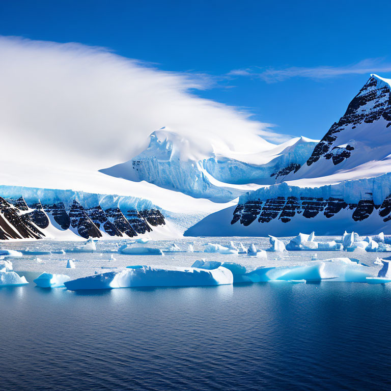 Antarctic Landscape with Icebergs and Snow-Covered Peaks