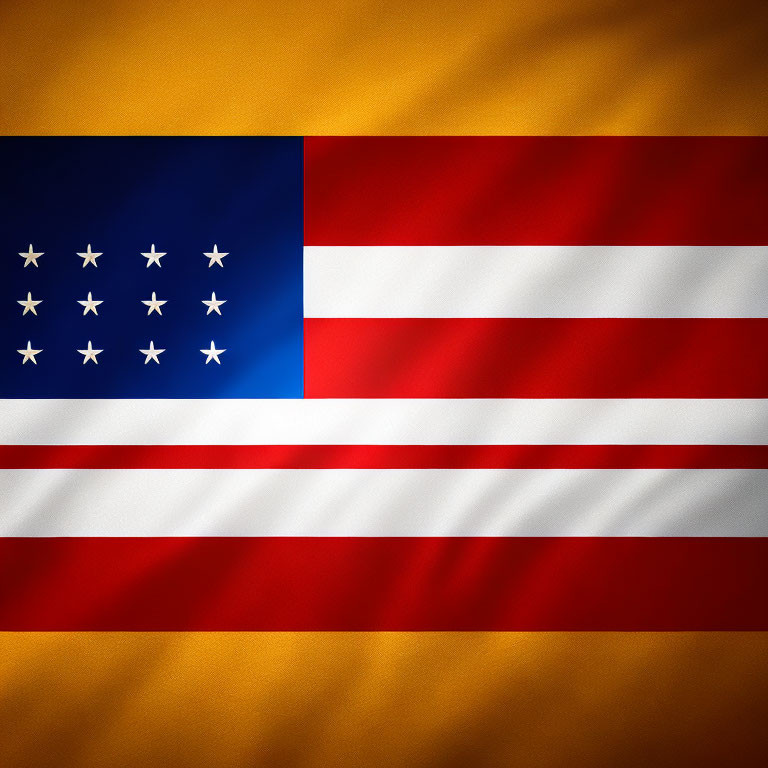 Flag with blue square, white stars, red & white stripes on golden background