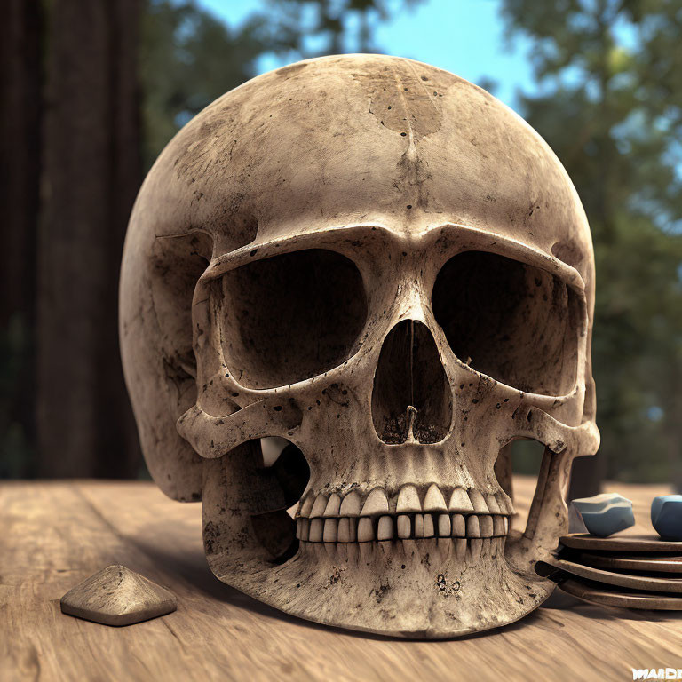 Human skull on wooden surface with shattered piece, forest background