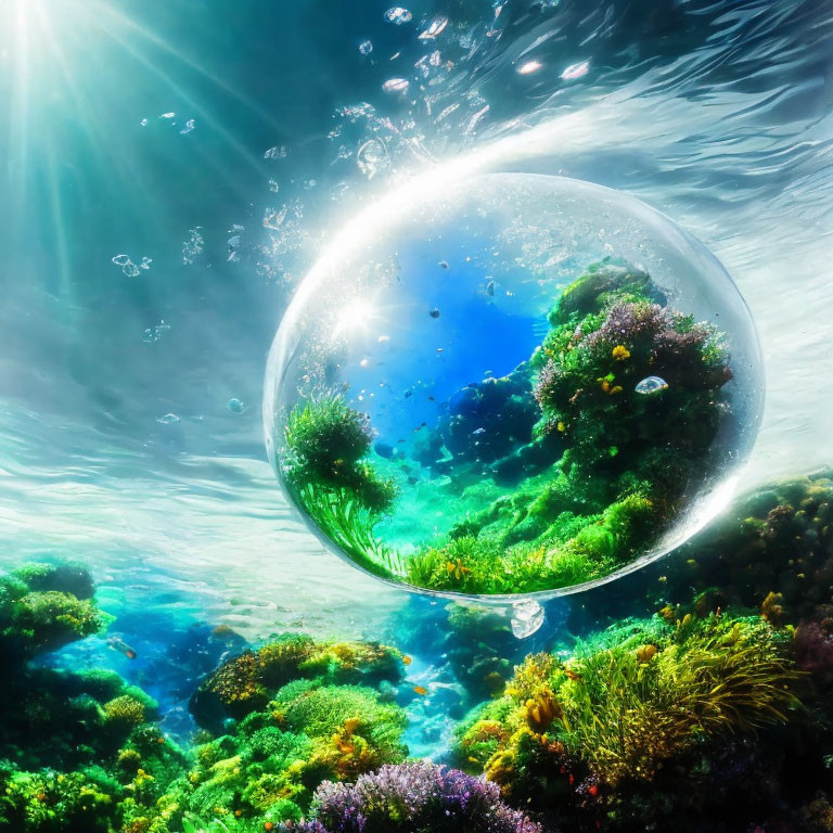 Colorful Underwater Scene with Sunbeam Illumination and Bubble Ecosystem