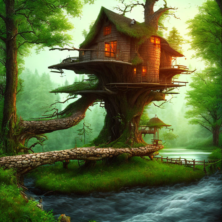Serene treehouse with warm lights in lush forest