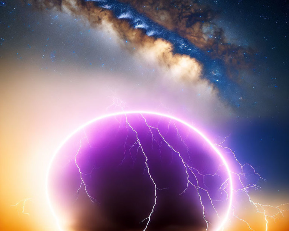 Surreal glowing purple sphere emitting lightning in starry sky