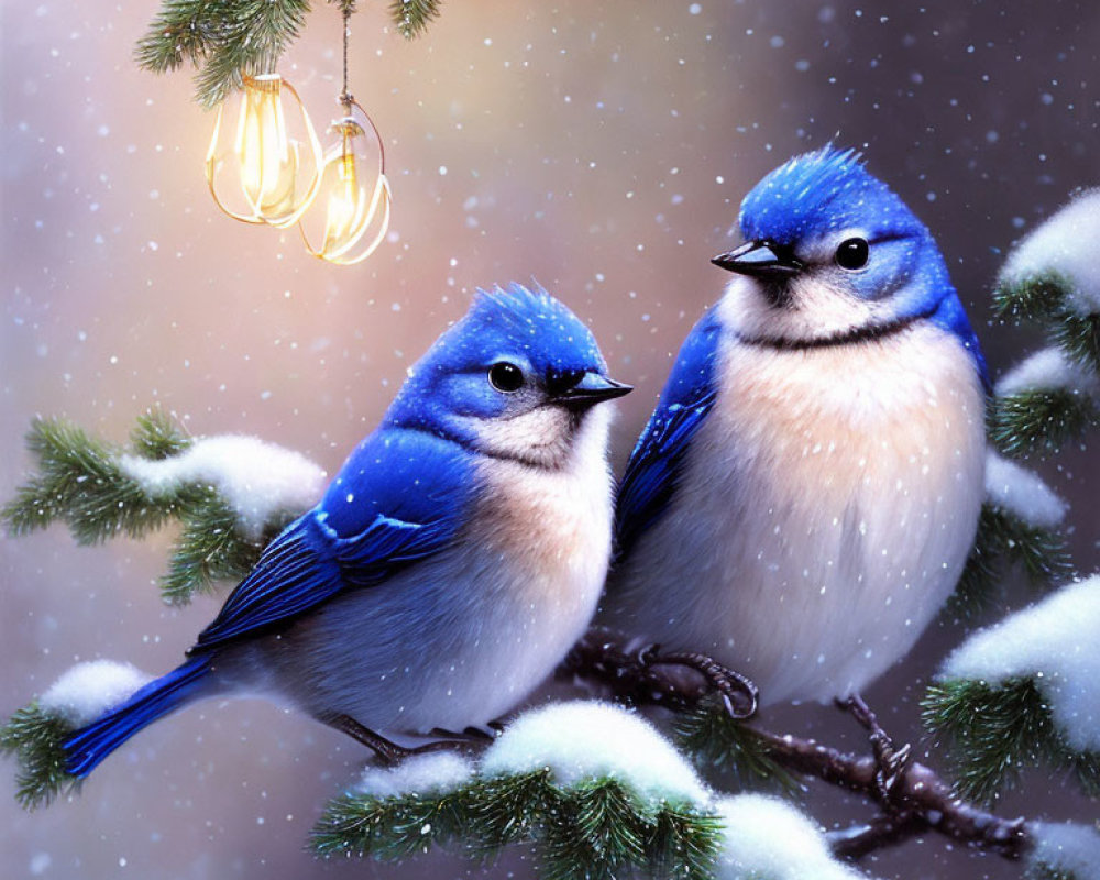 Blue Birds on Snowy Branch with Pine Needles and Decorative Bulb in Snowfall