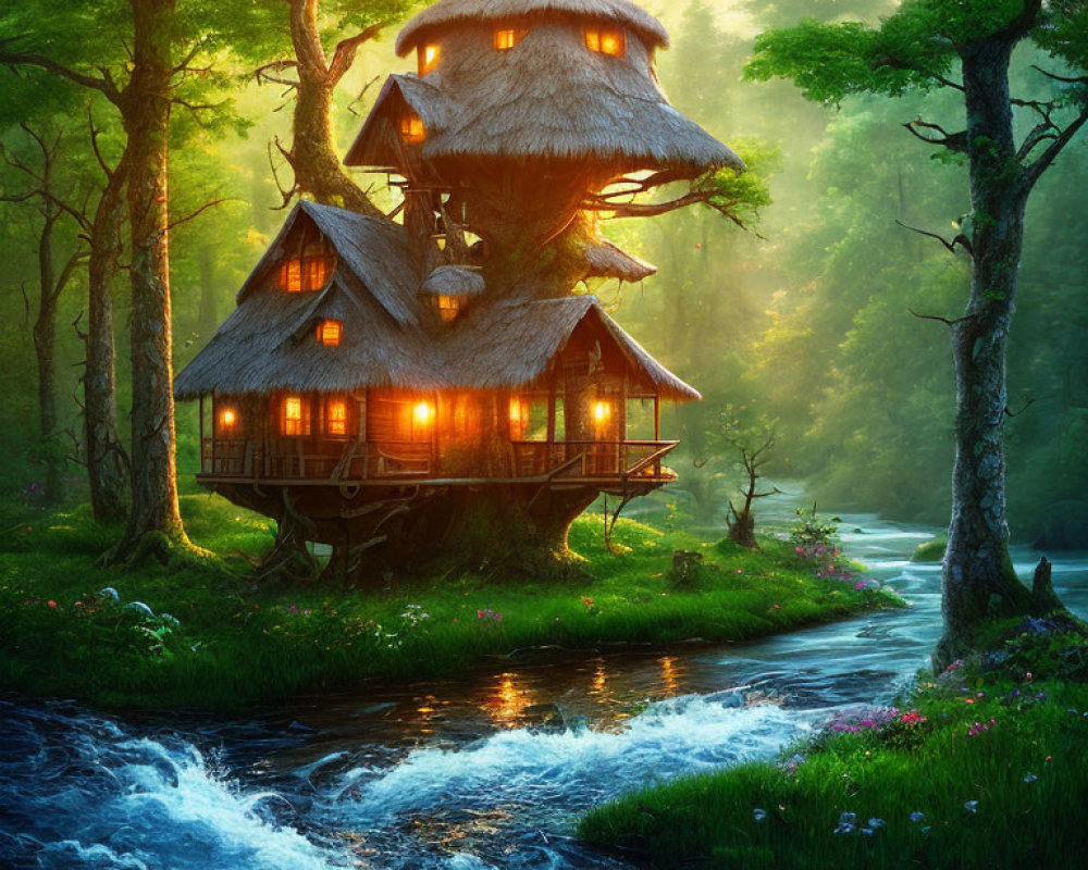 Enchanted multi-story treehouse in lush forest at twilight