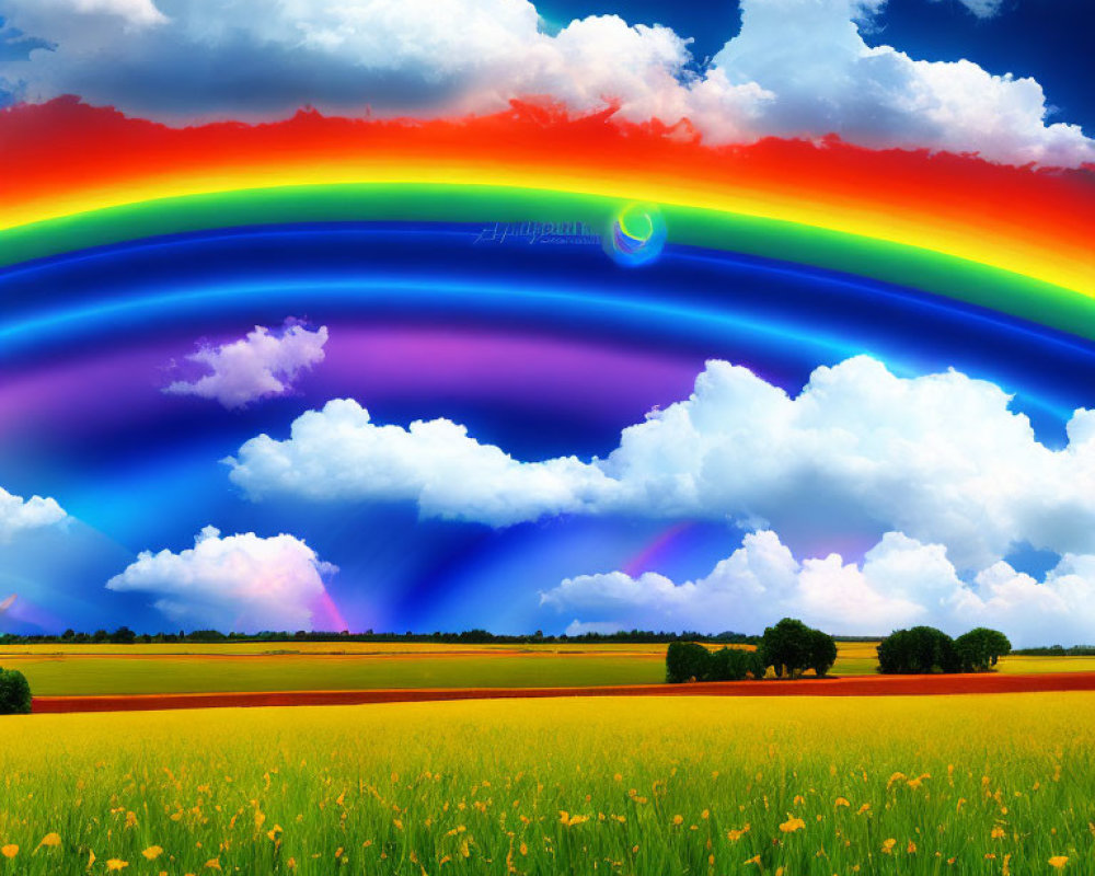 Colorful digital artwork of a vibrant field with rainbow sky