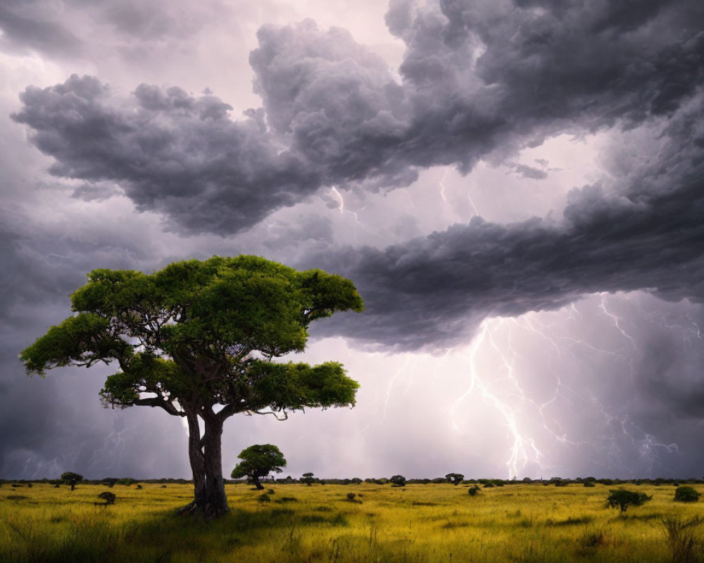 Solitary tree in savannah under stormy sky with lightning strikes
