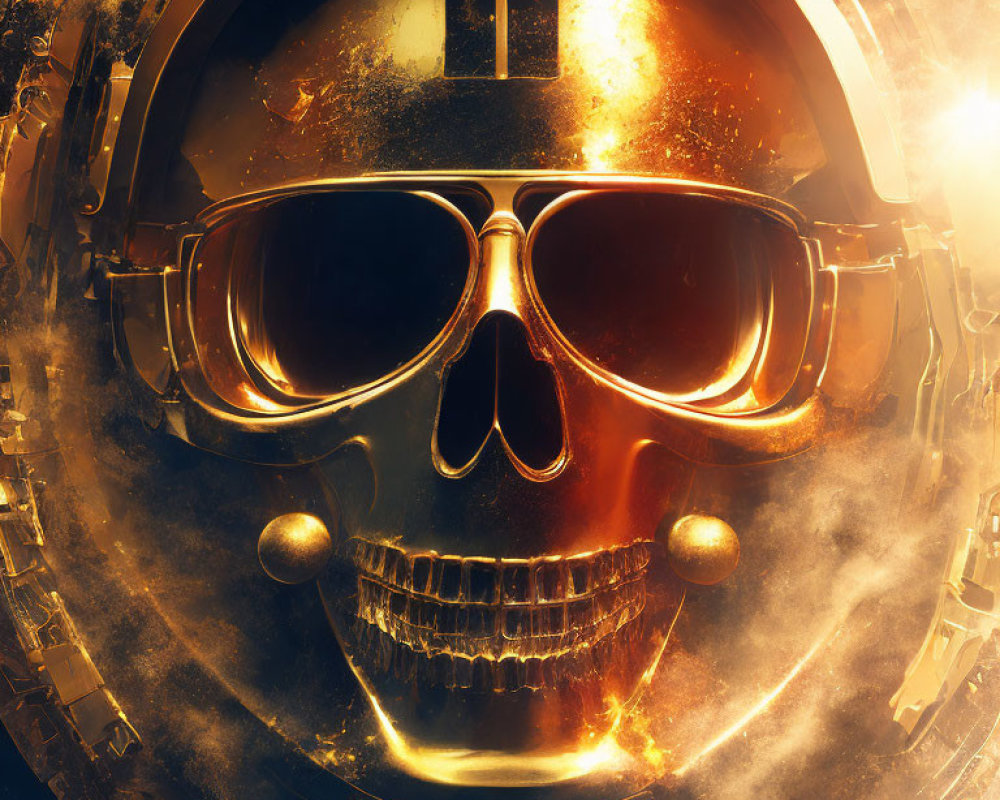 Golden skull with sunglasses in sci-fi doorway with cosmic fog