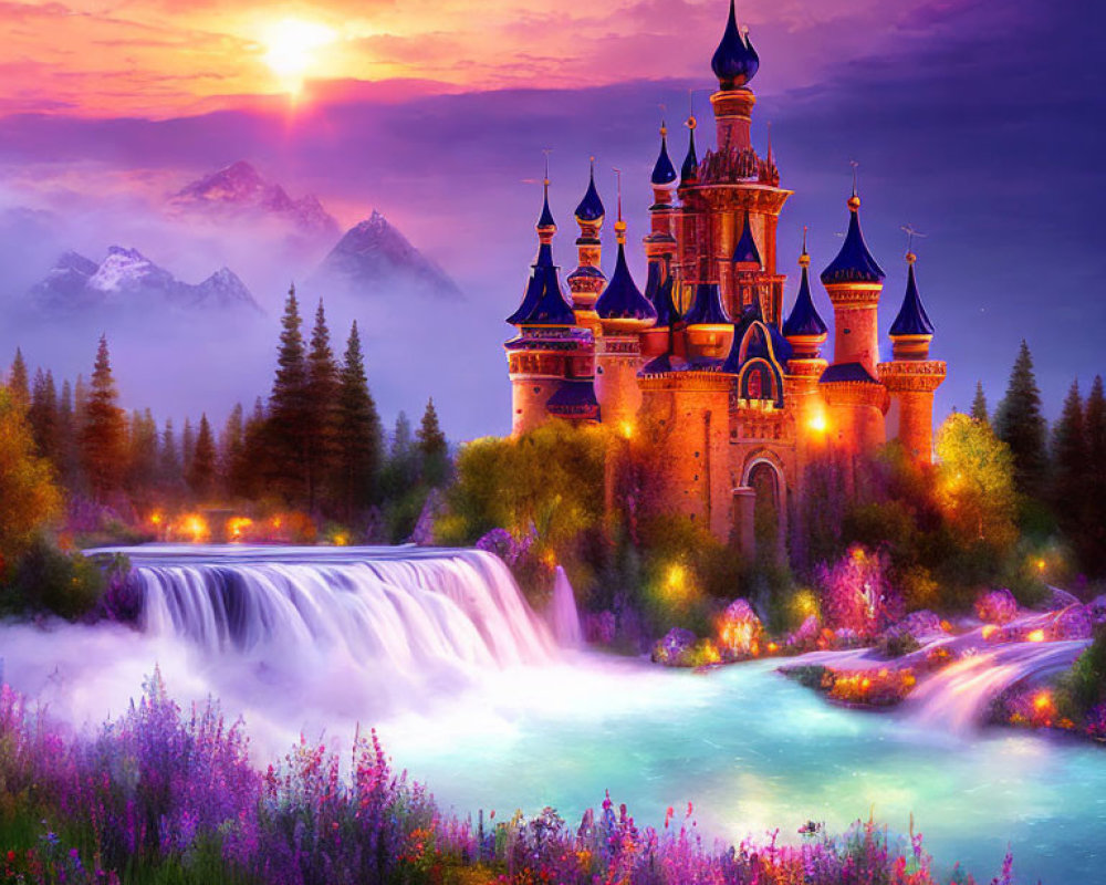 Majestic fairytale castle with blue spires in scenic landscape