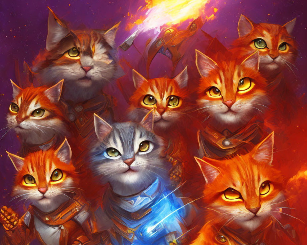 Digital Artwork: Eight Warrior Cats in Armor with Celestial Background
