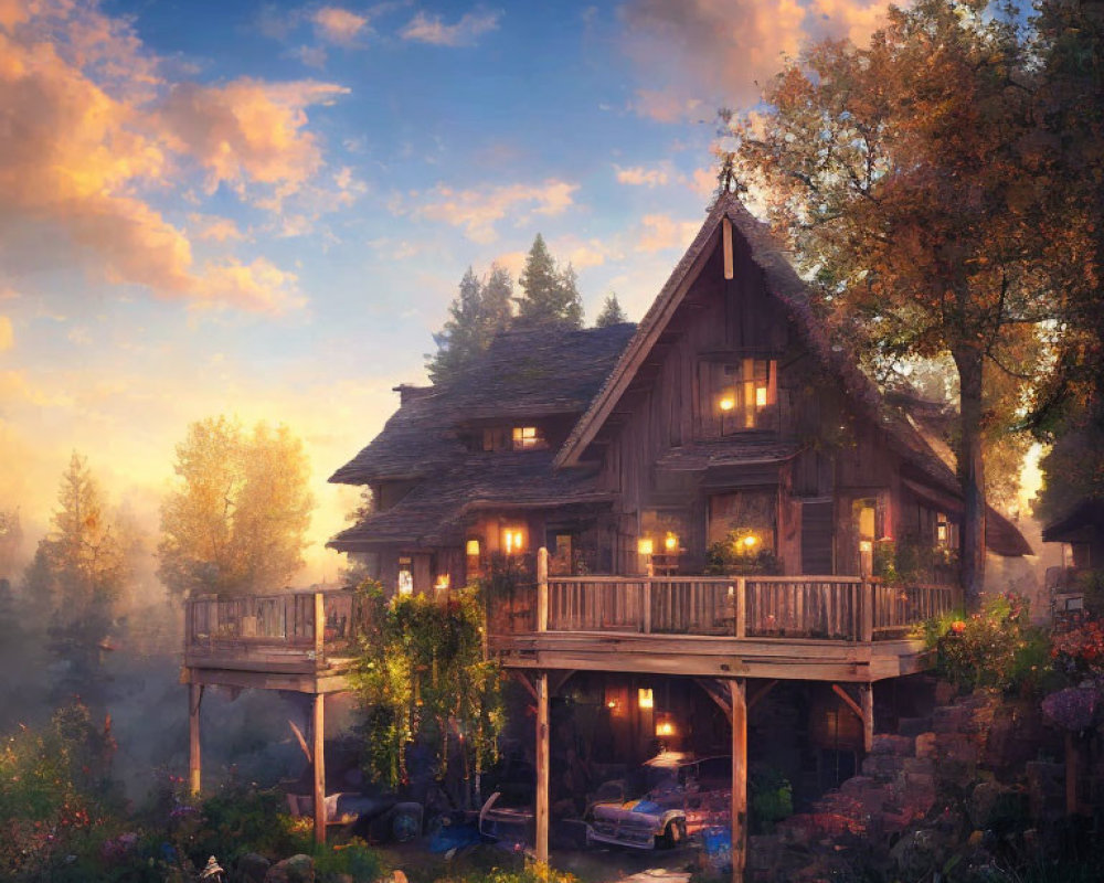 Wooden house on stilts in tranquil forest at sunset with car and flowers.