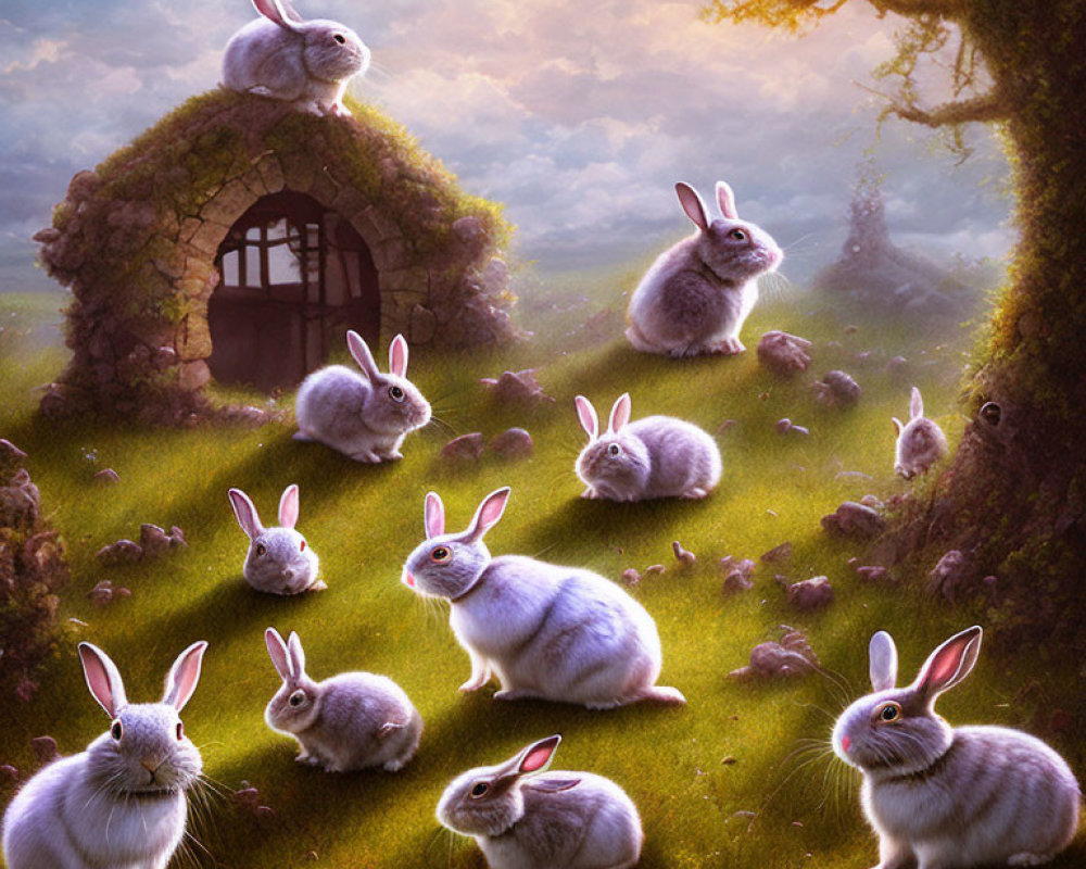 Mystical sunlit meadow with fluffy white rabbits and stone cottage