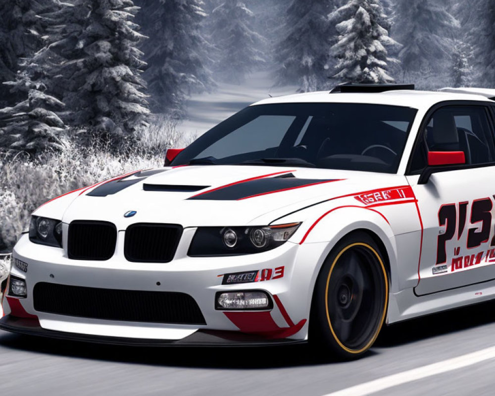 White BMW with Red and Black Racing Stripes in Snowy Forest Scene