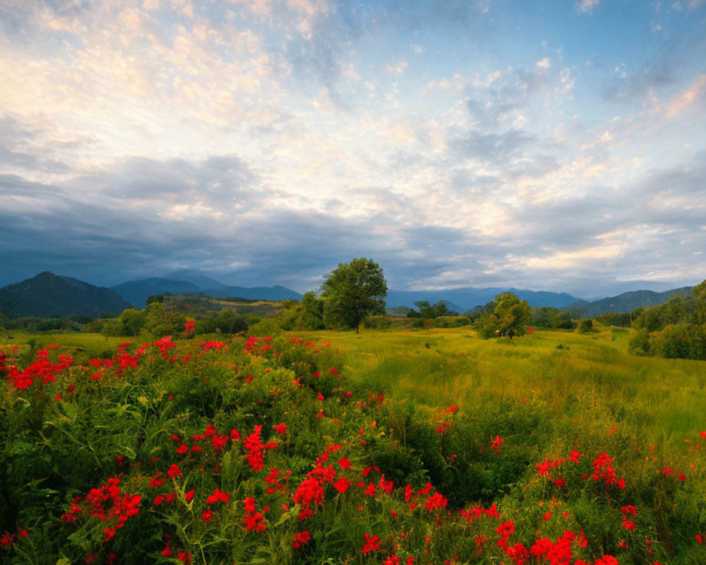 Tranquil landscape with red flowers, lone tree, mountains, and cloudy sky