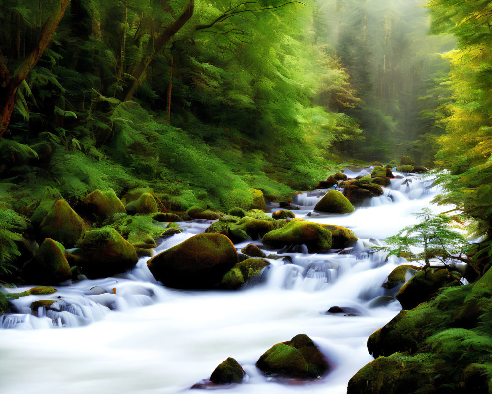 Tranquil forest stream with misty cascading water and lush green surroundings