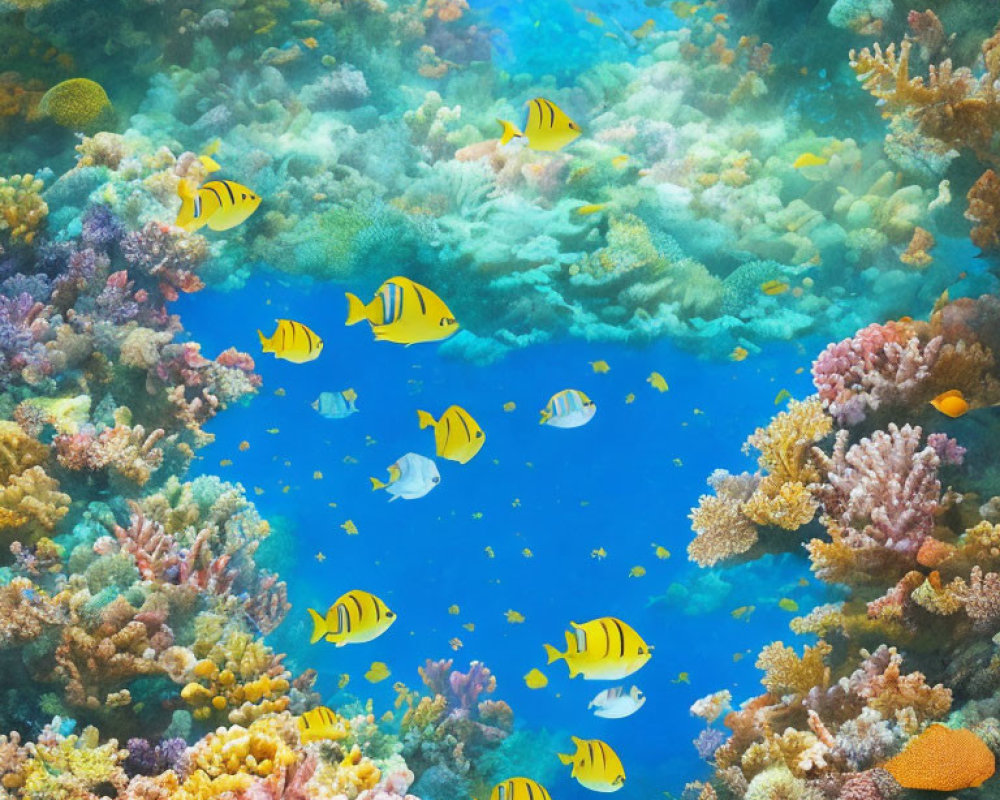 Colorful Coral Reef Scene with Yellow and Black Striped Fish