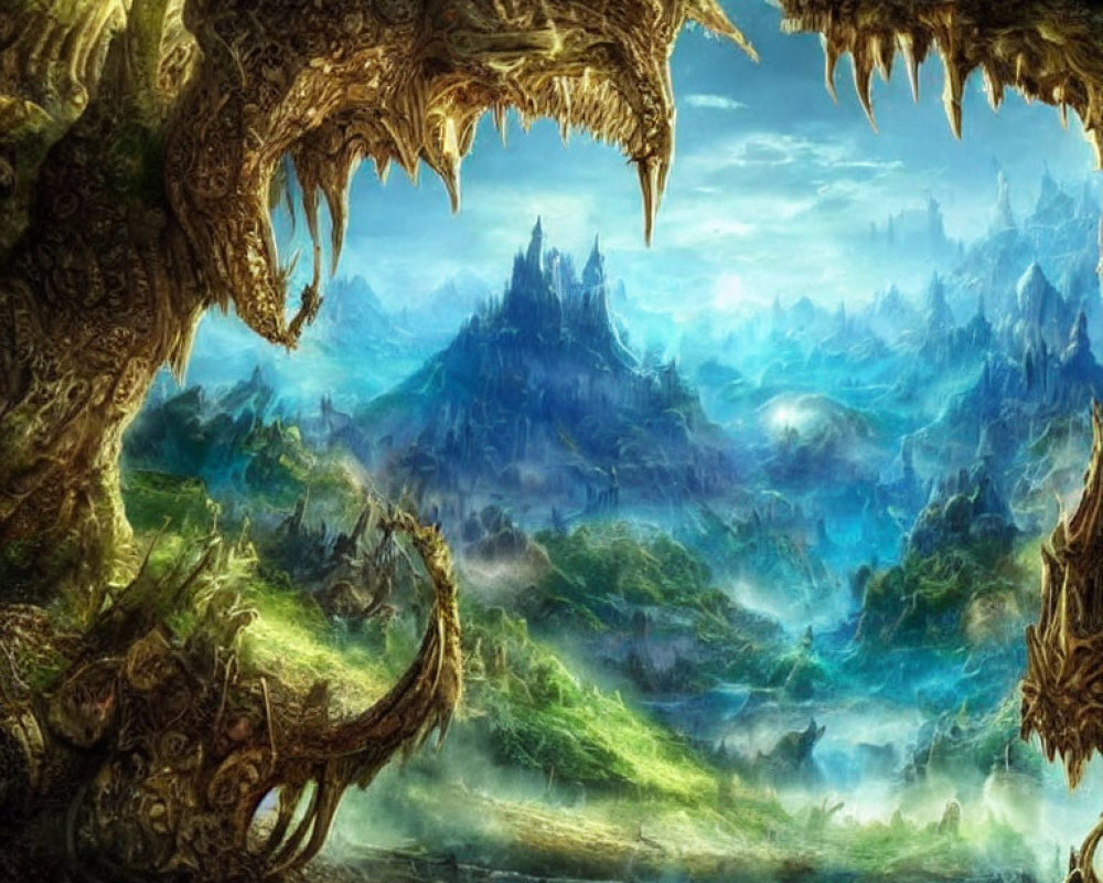 Dragon-themed fantasy landscape with mystical valley and towering spires.