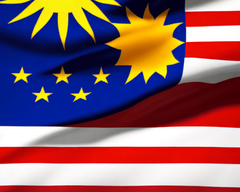 Detailed Close-Up of Malaysian Flag with Crescent, Star, and Stripes