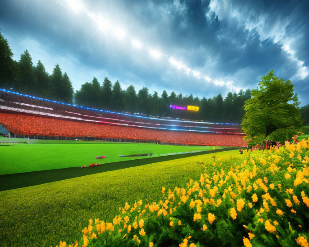 Vibrant sports stadium in lush green setting under dramatic sky