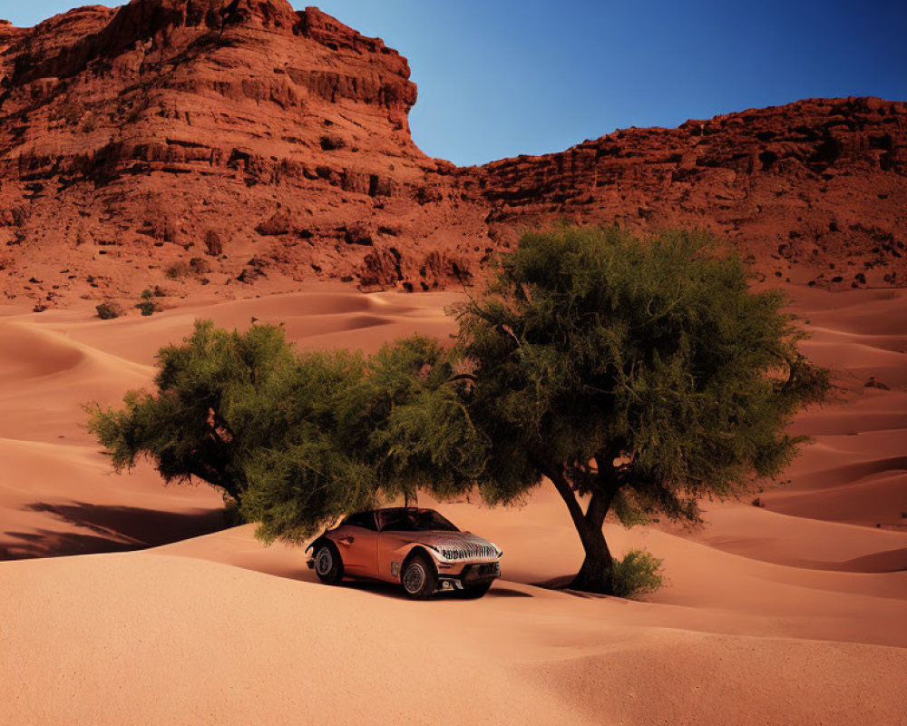 Vintage car parked by tree in sandy desert with rocky backdrop