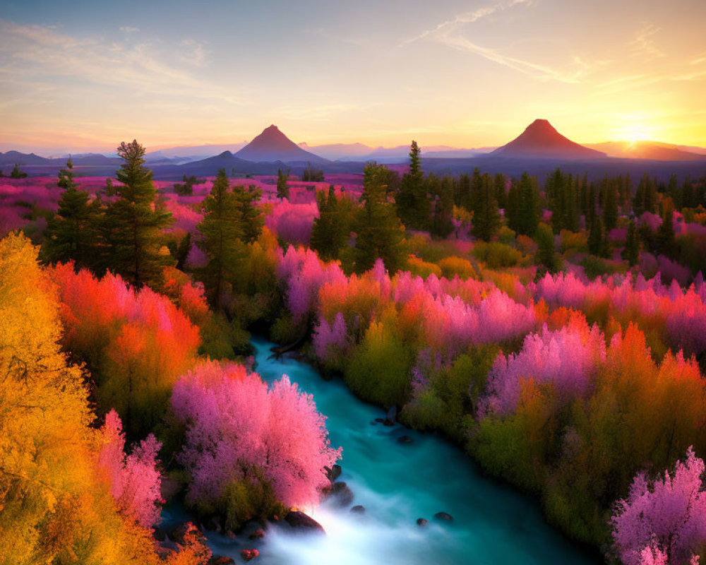 Vibrant autumn sunset over serene river with mountains in distance