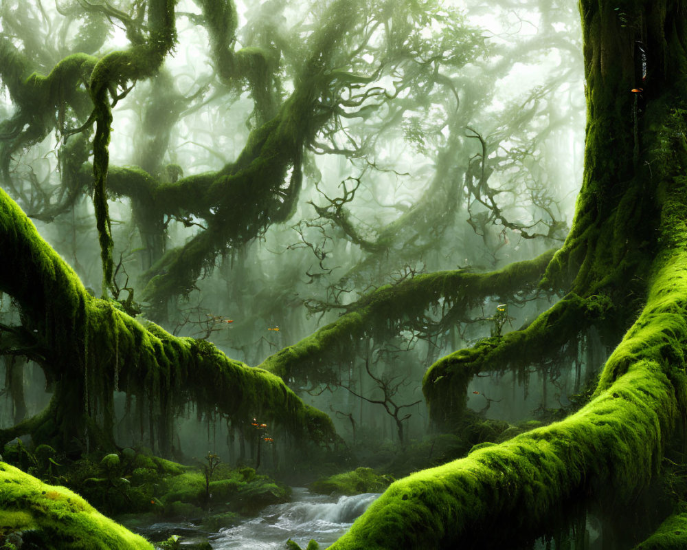 Enchanting green forest with moss-covered trees and misty stream