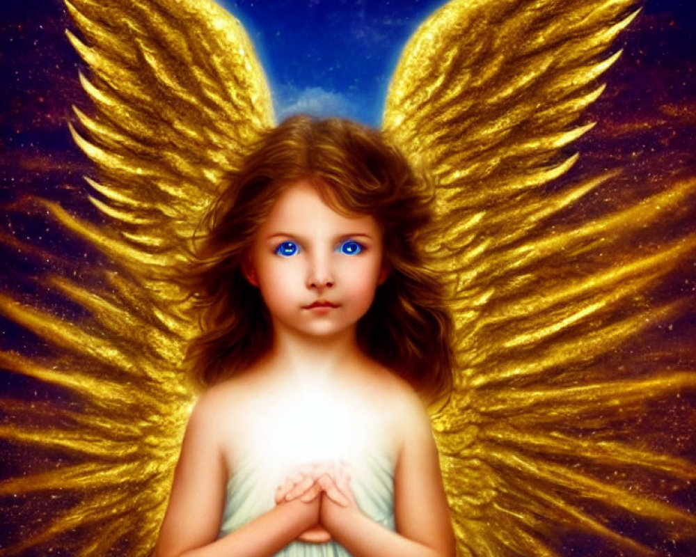 Young angelic figure with golden wings and blue eyes in prayer against starry backdrop