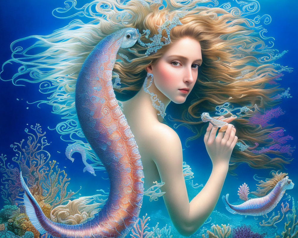 Ethereal mermaid with golden hair and blue tail in vibrant underwater scene