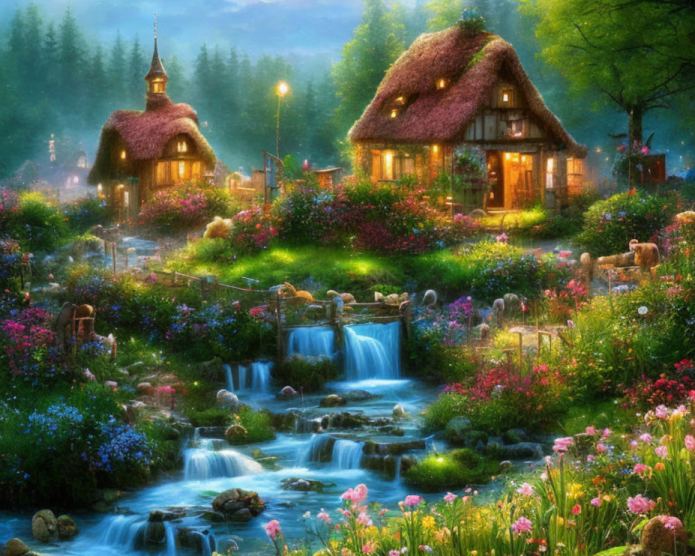 Thatched Roof Cottage in Vibrant Garden with Waterfall