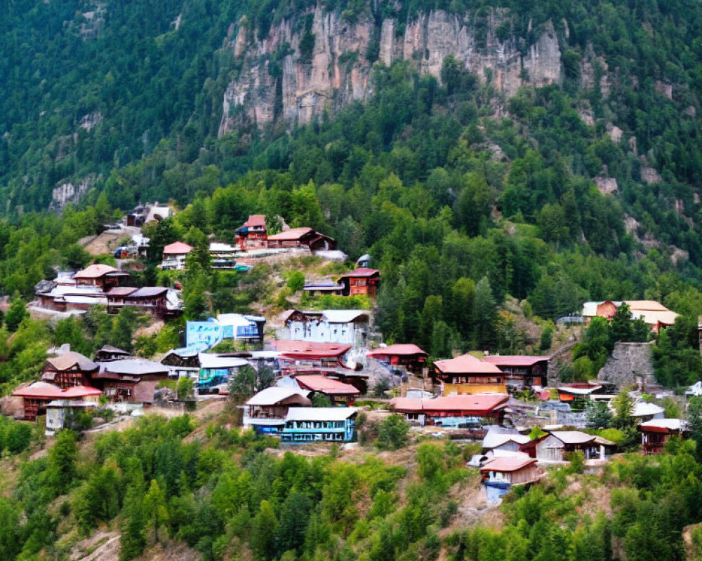 Scenic mountain village with colorful houses and lush green surroundings