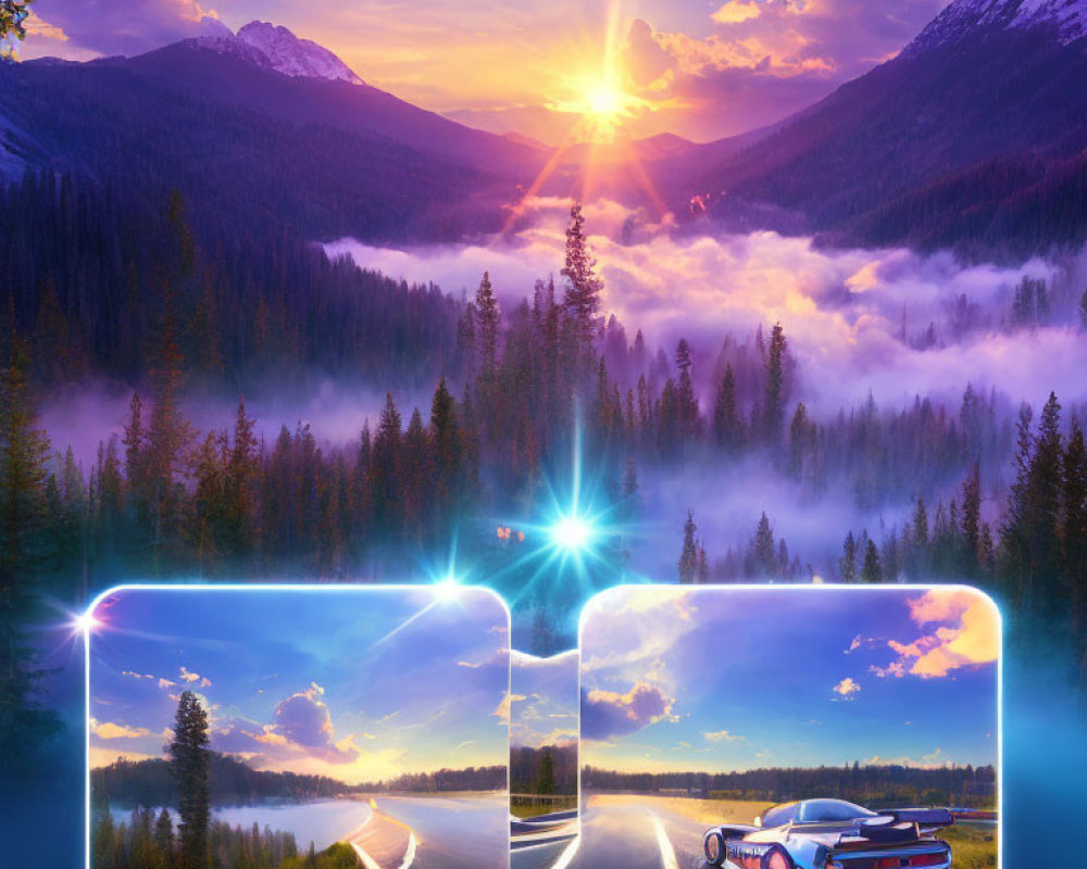 Composite Image of Mountain Sunrise, Misty Forests, and Car on Road