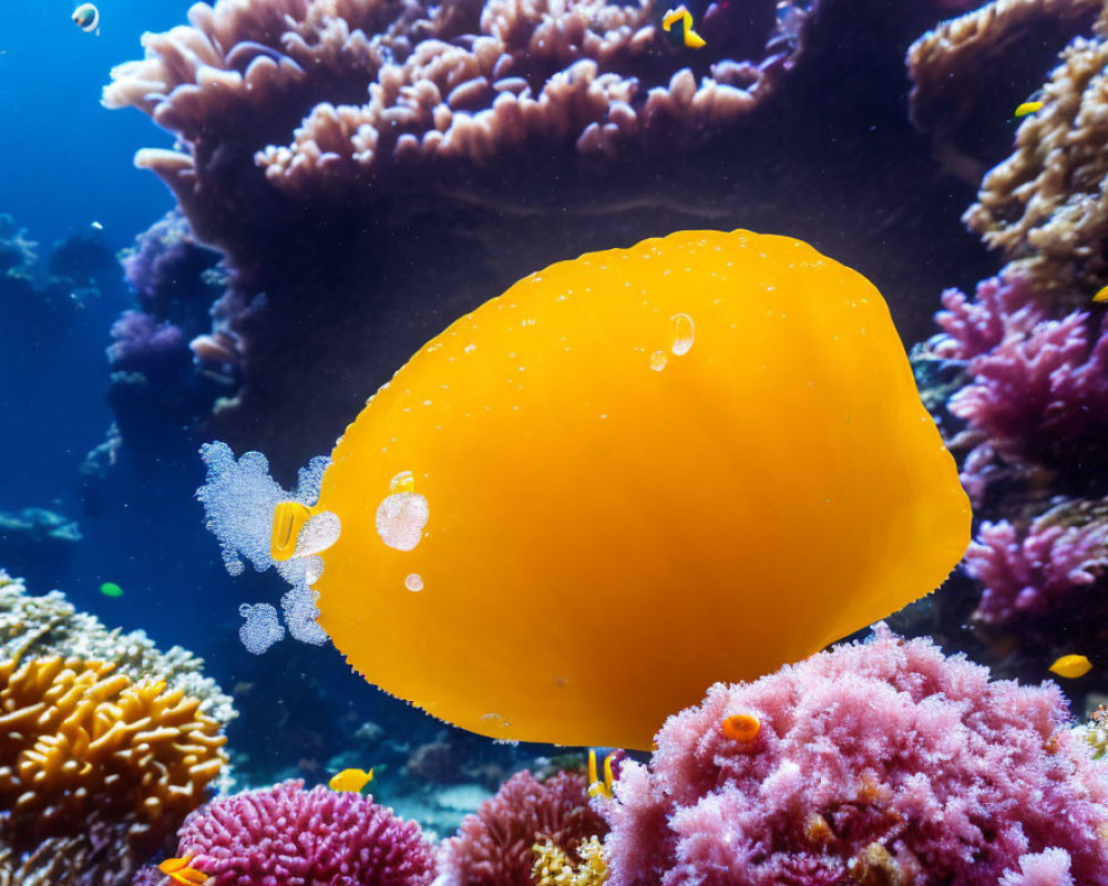 Vivid Yellow Oval Fish Swimming Near Colorful Coral Reefs