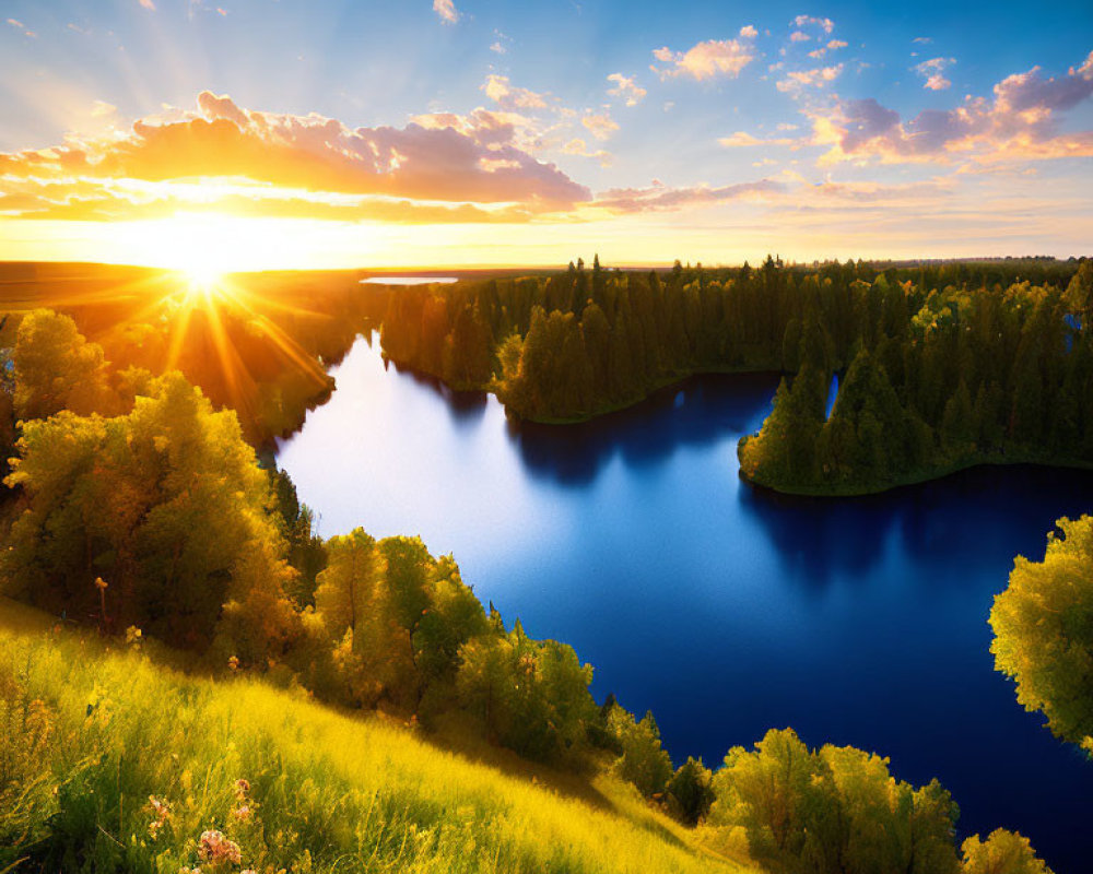 Serene lake at sunset with lush forest and sun rays