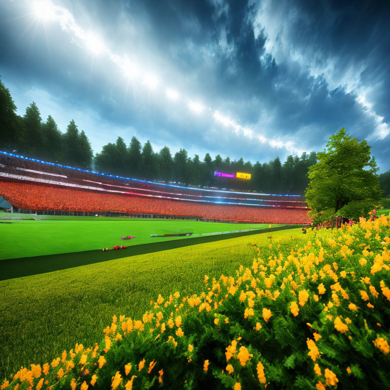 Vibrant sports stadium in lush green setting under dramatic sky