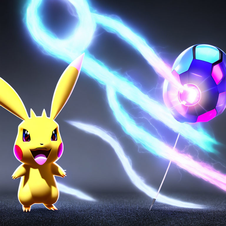 Alert Pikachu next to spinning, energy-infused Poké Ball in dark setting