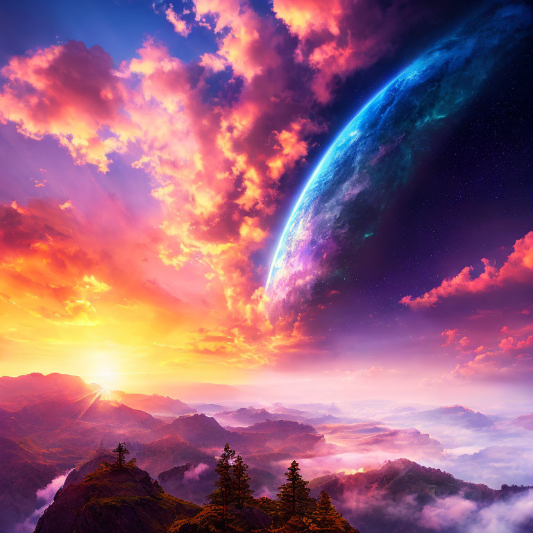Vibrant sunrise over misty mountains with giant planet in colorful sky