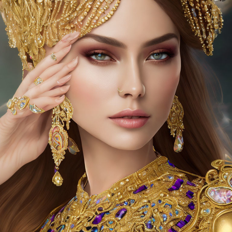 Woman with ornate golden headdress and jewelry, striking makeup and green eyes