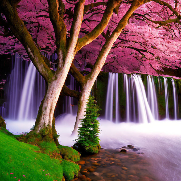 Cherry blossom tree next to cascading waterfall in misty scene