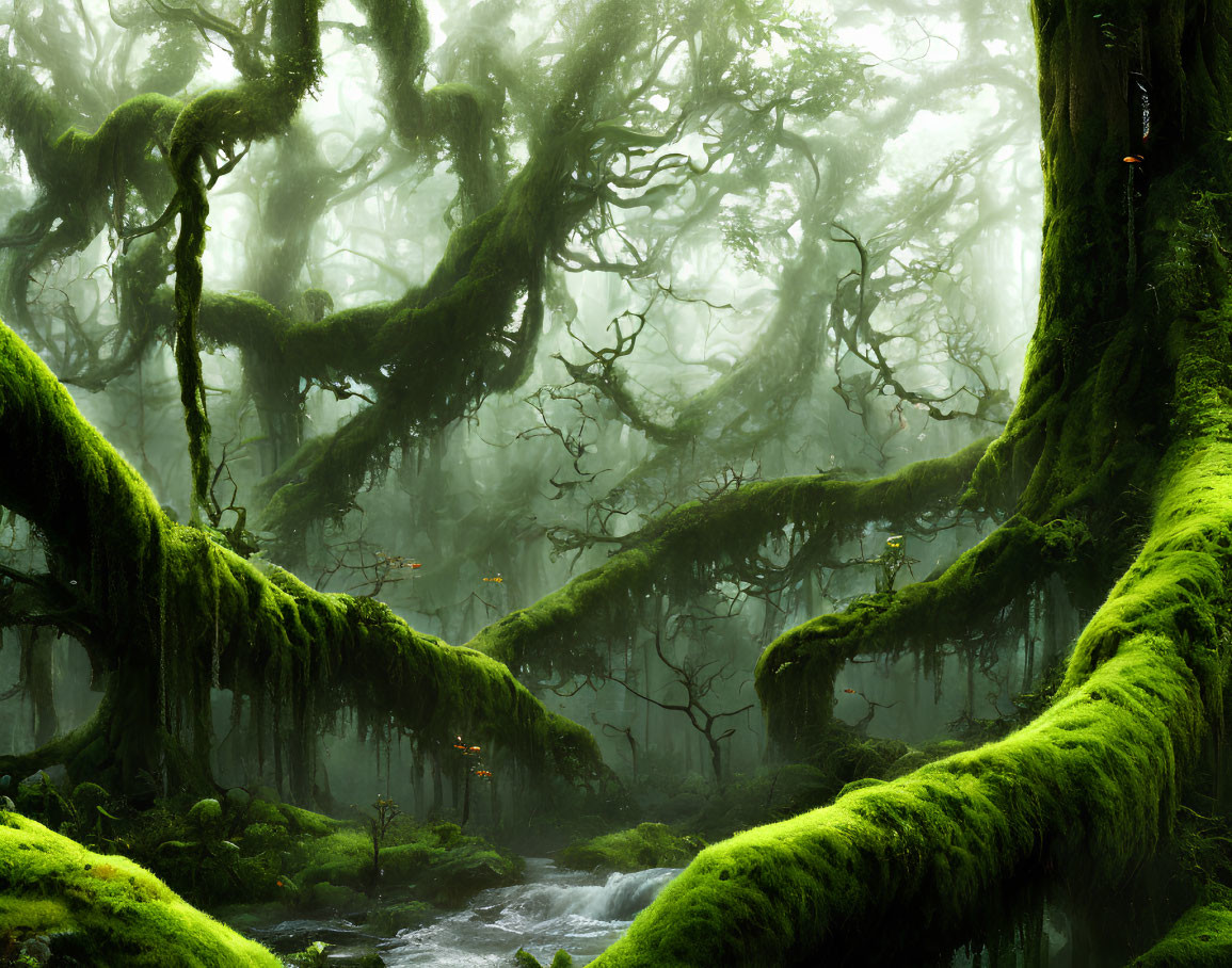 Enchanting green forest with moss-covered trees and misty stream