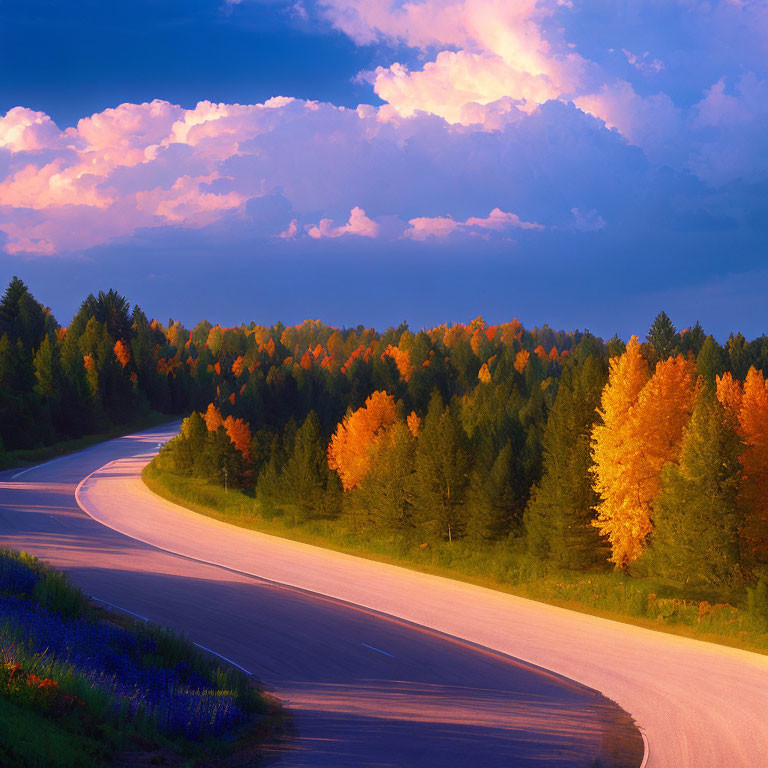Scenic winding road through colorful forest at sunset