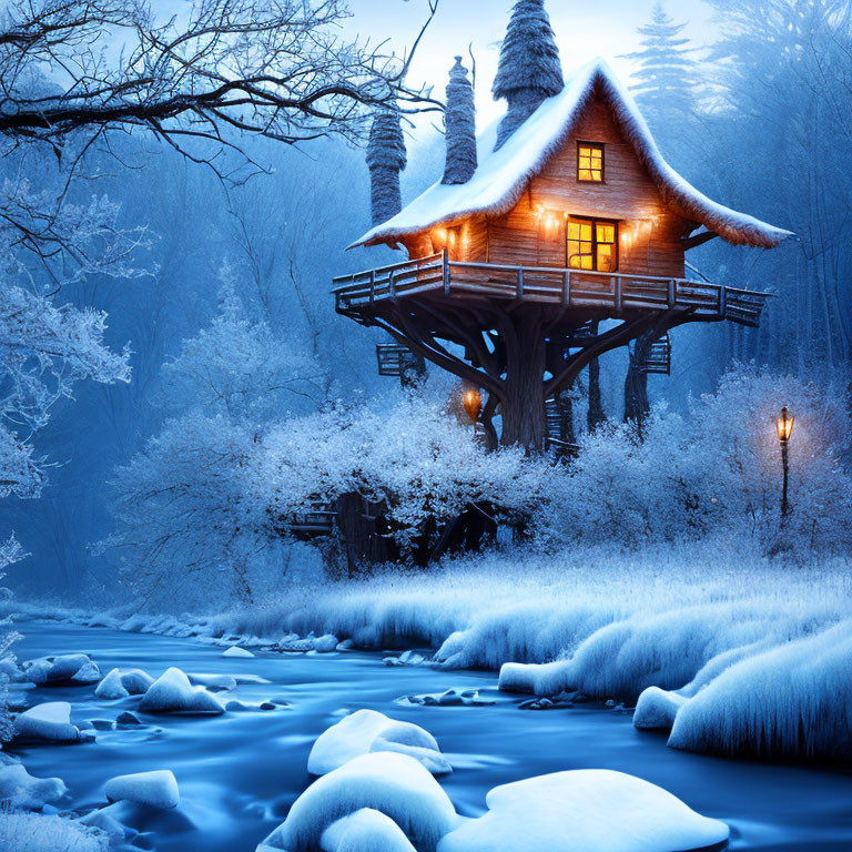 Snowy landscape with glowing treehouse and river in winter