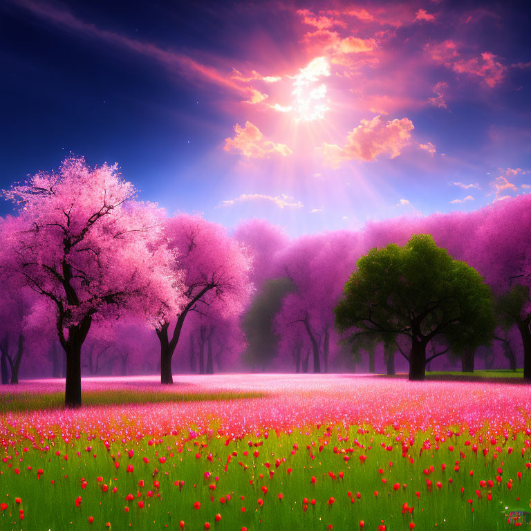 Colorful cherry blossom trees and flower field under dramatic sky.