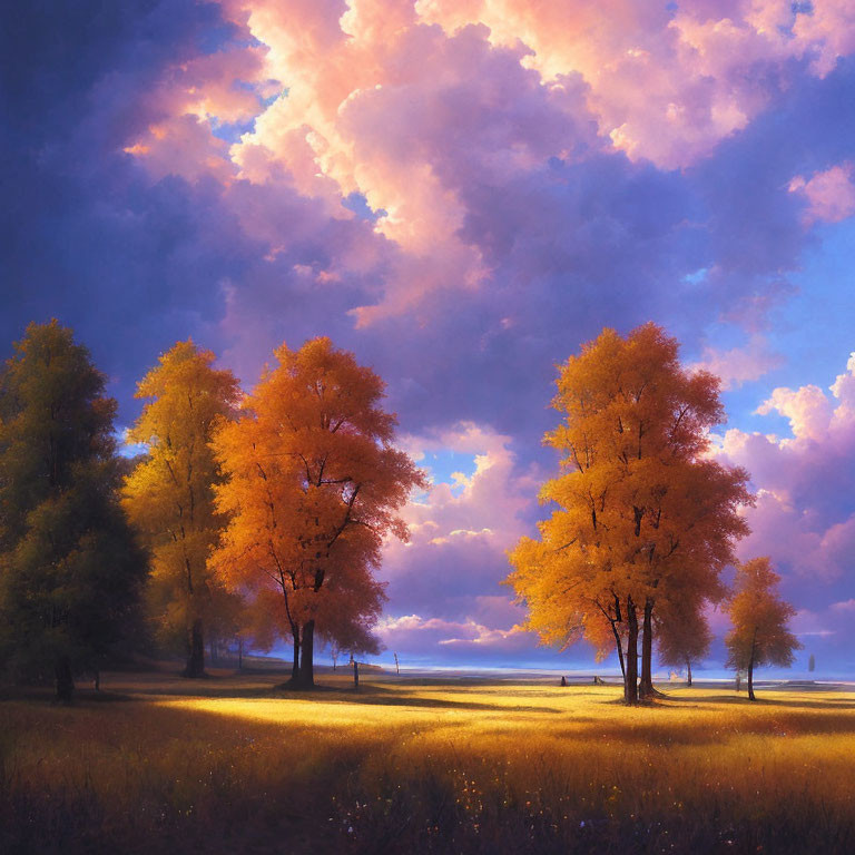Golden-leaved Trees in Sunlight with Purple Clouds on Deep Blue Sky
