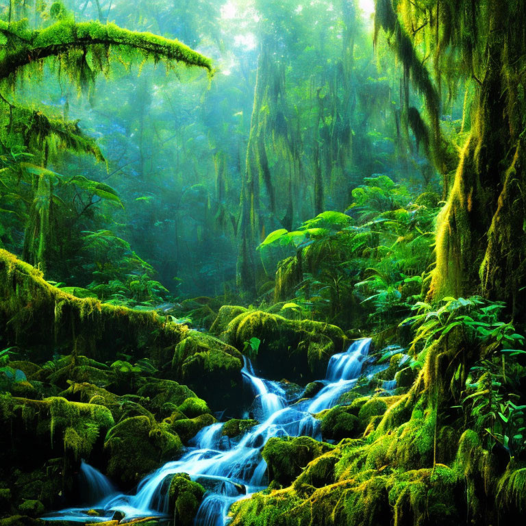 Tranquil forest scene with cascading stream and moss-covered rocks