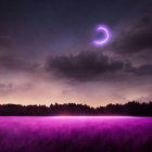Luminous full moon and sun over purple fantasy landscape