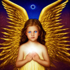 Young angelic figure with golden wings and blue eyes in prayer against starry backdrop