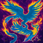 Colorful Blue Phoenix Surrounded by Orange Flames in Night Sky