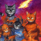 Digital Artwork: Eight Warrior Cats in Armor with Celestial Background