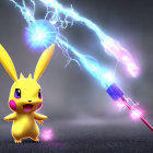 Alert Pikachu next to spinning, energy-infused Poké Ball in dark setting