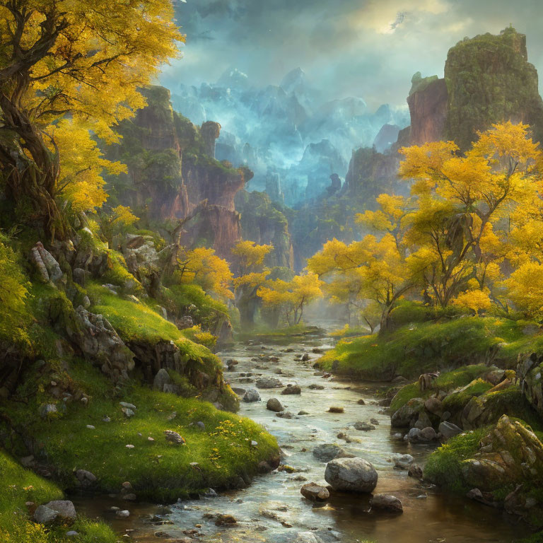 Fantasy landscape with river, rocky terrain, yellow trees, and mystical mountain.