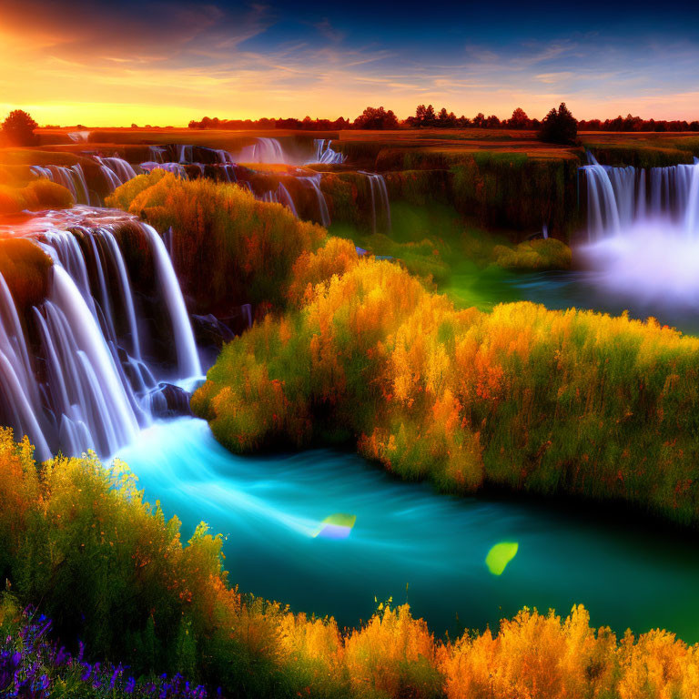 Scenic waterfall surrounded by colorful foliage under sunset sky